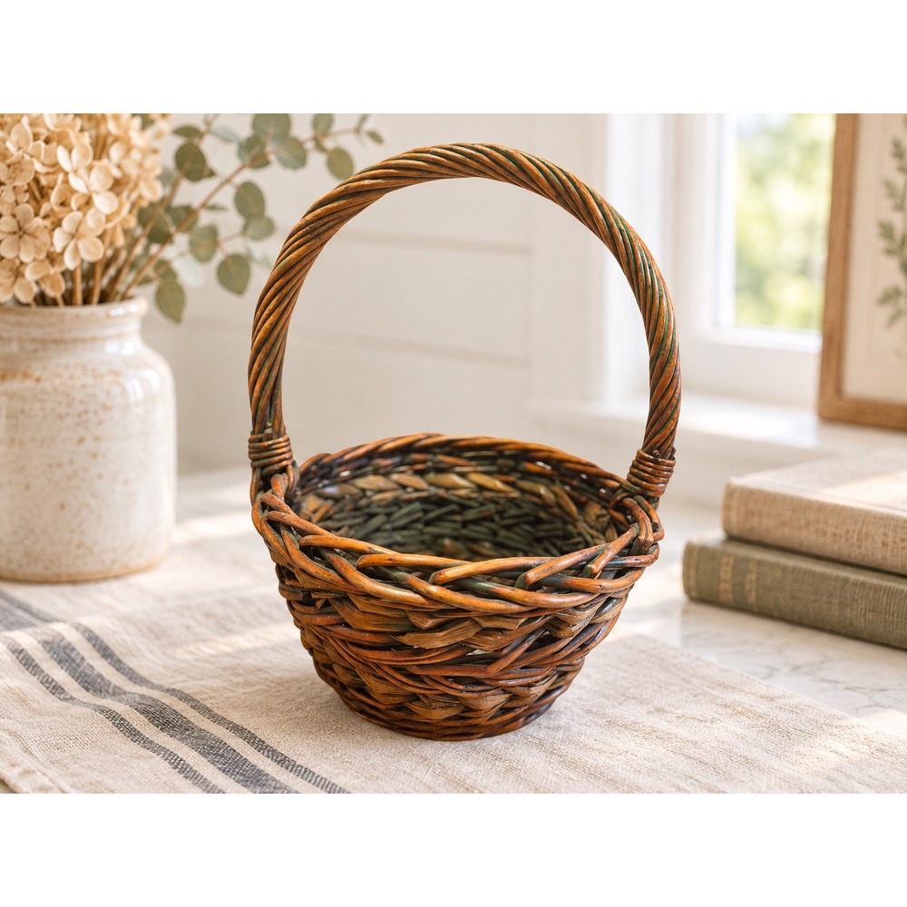 Rustic Woven Wicker Basket with Handle Brown Green Farmhouse Decor Round